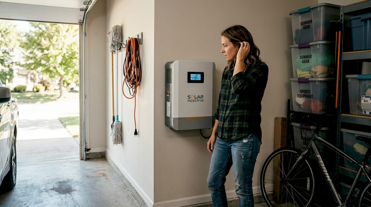 Homeowner checks solar battery system in garage
