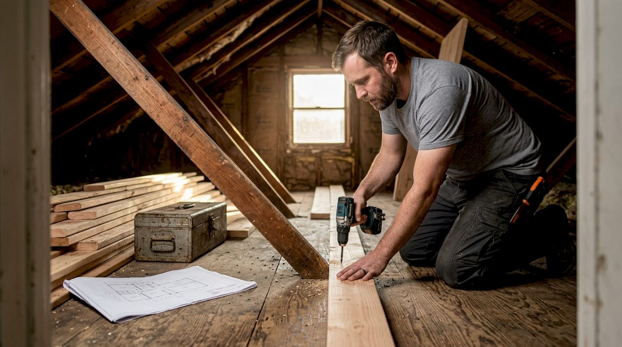 Carpenter reinforcing attic roof rafters
