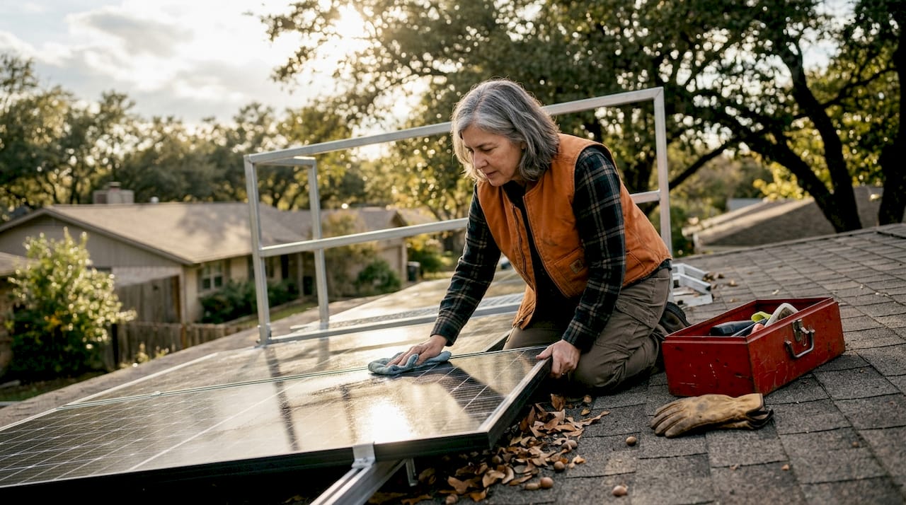 Homeowner cleaning rooftop solar panel in sunlight
