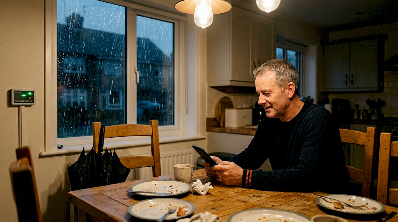 Kitchen lit by solar backup during neighborhood blackout