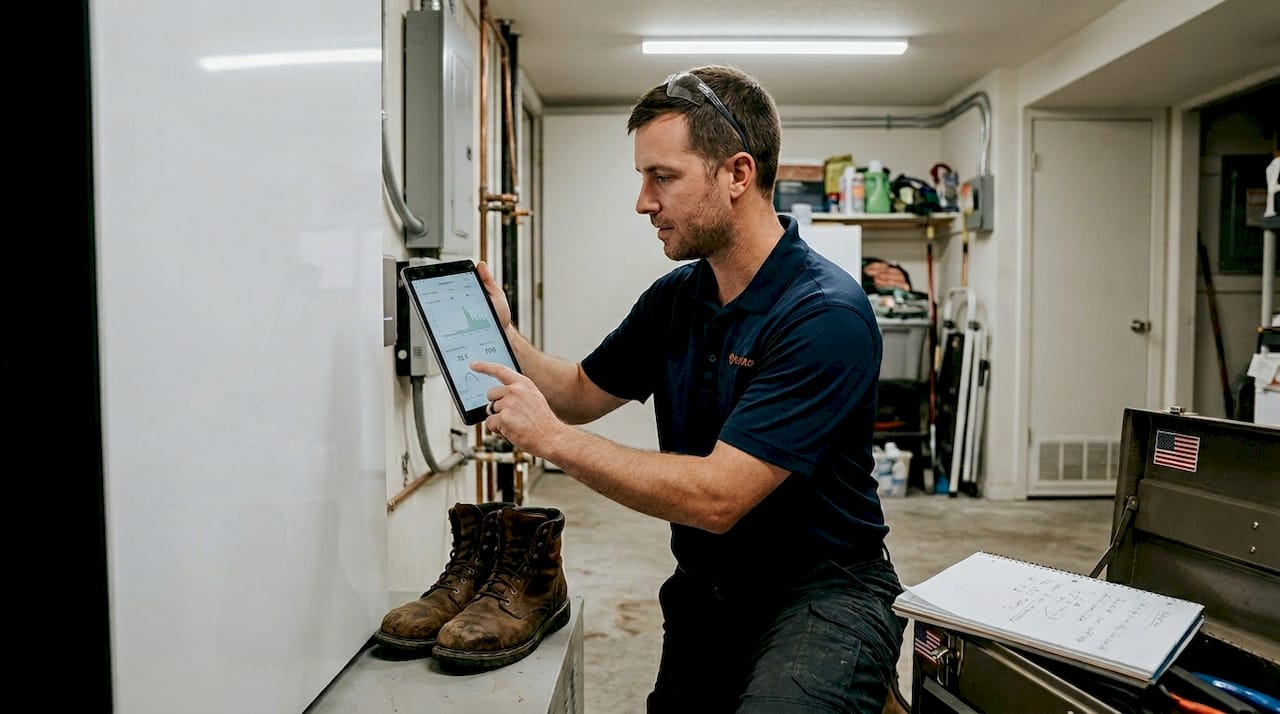 Technician monitoring battery system temperature readings
