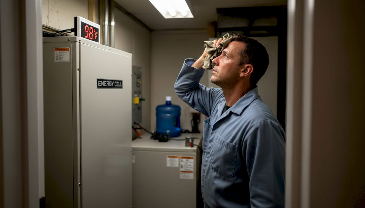 Technician checking hot solar battery in small room