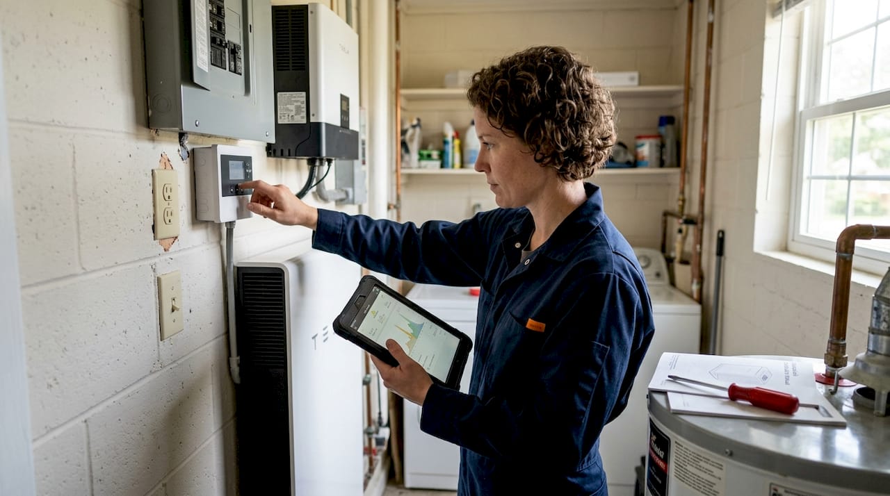 Technician activates solar battery system at home