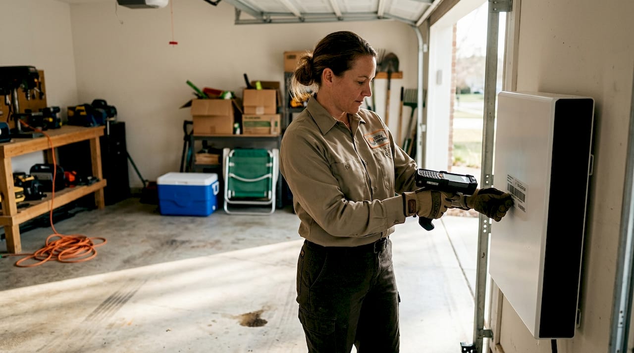 Utility worker inspects garage battery storage