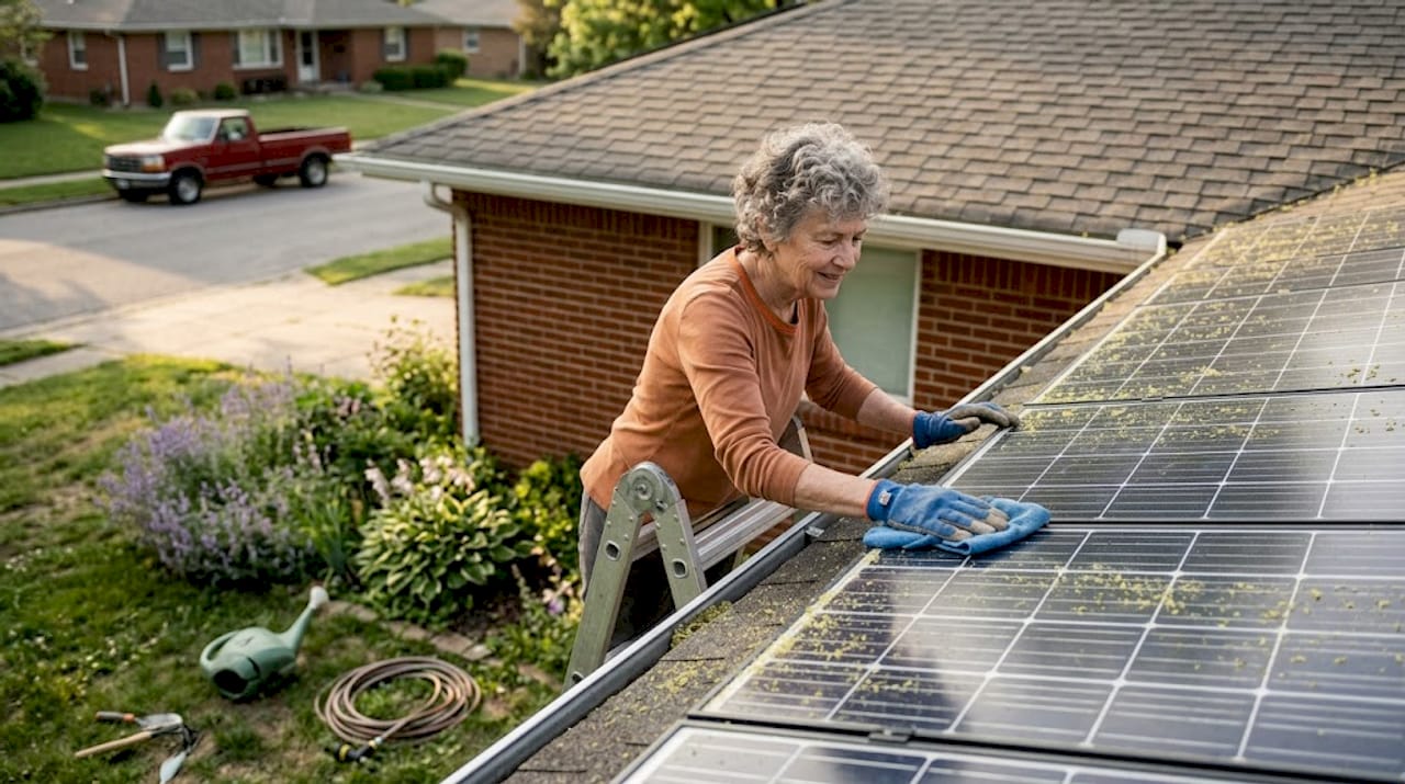 Woman cleaning solar panels for maintenance