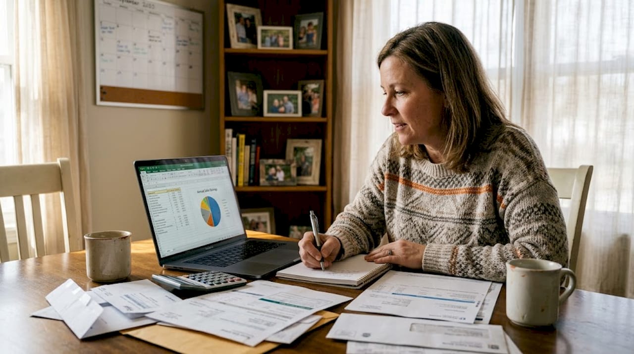 Woman reviews annual solar savings paperwork