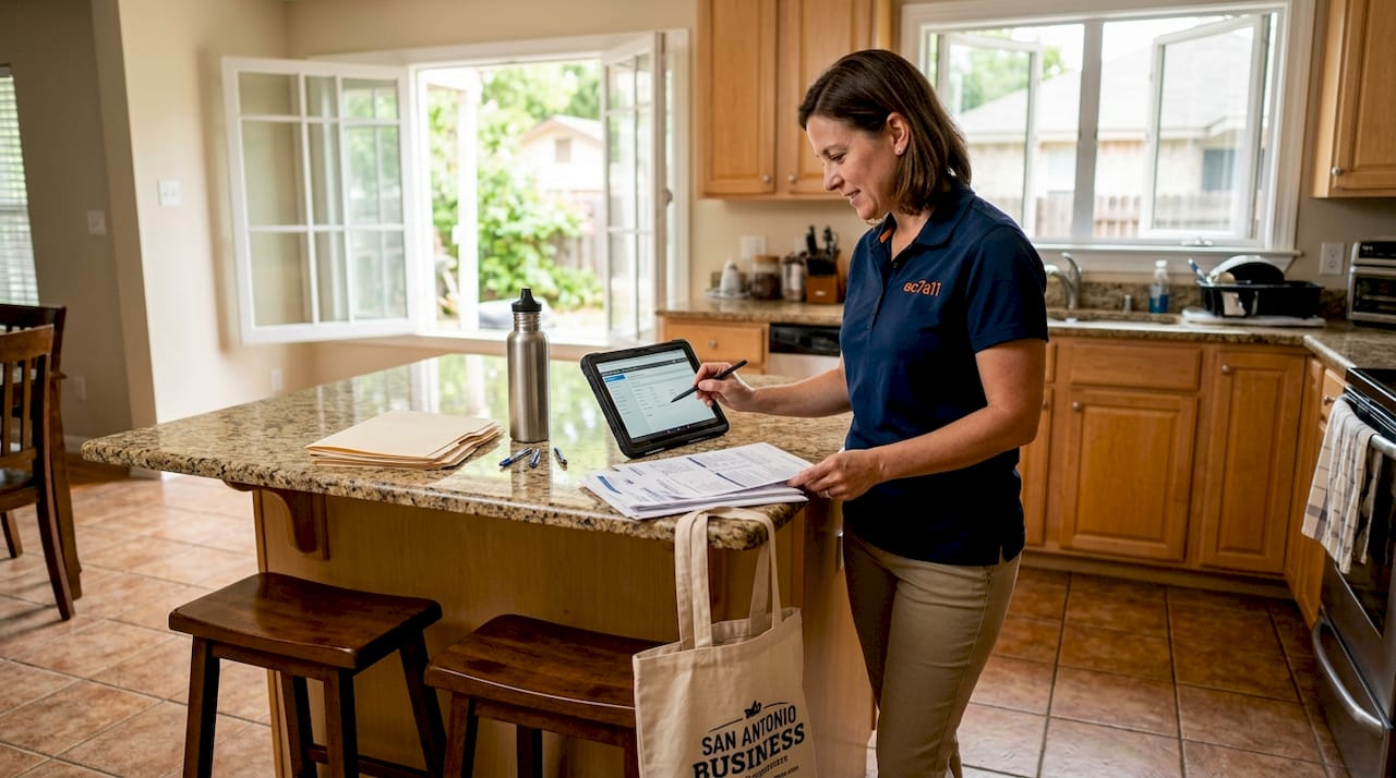 Appraiser reviewing solar system paperwork in kitchen