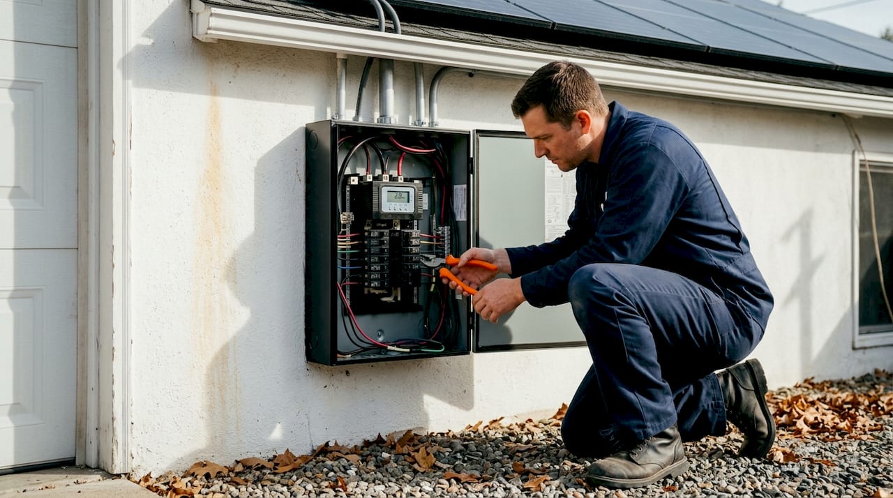 Installer wiring solar panel inverter at home