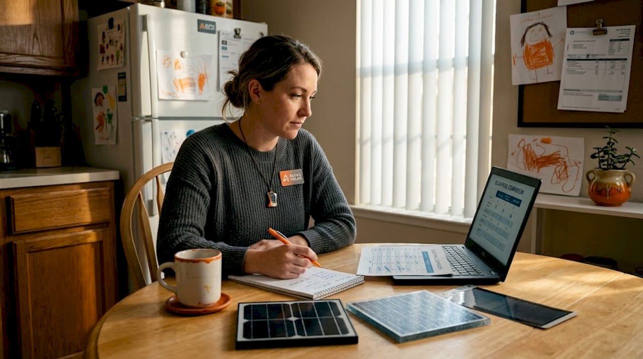 Homeowner reviewing three solar panel types