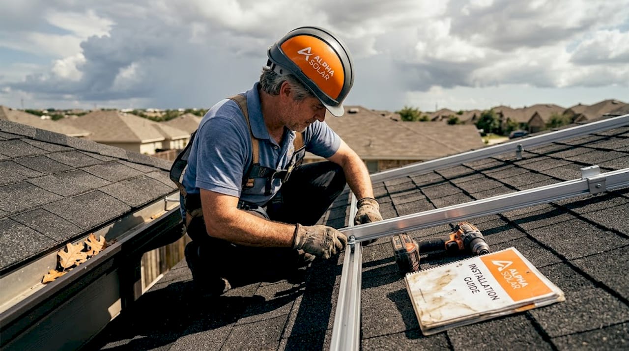 Technician inspecting solar panel mounting hardware