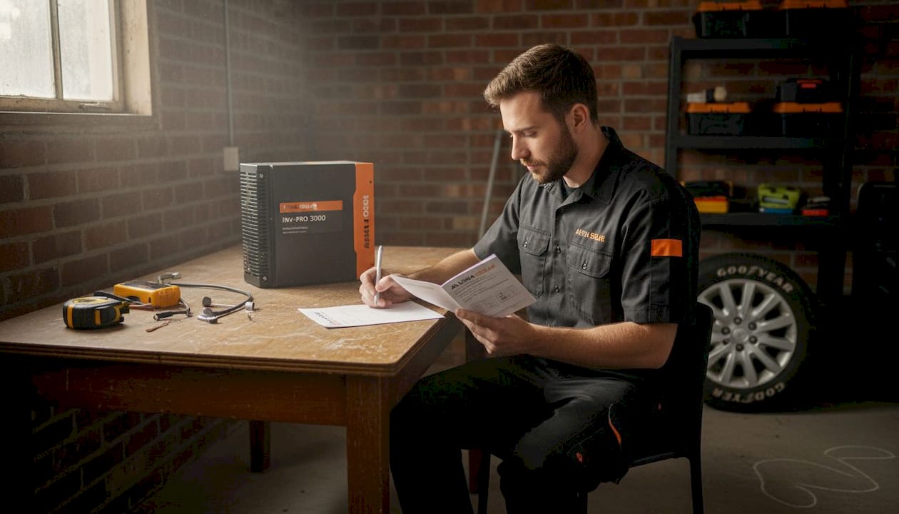 Electrician handling solar inverter in garage