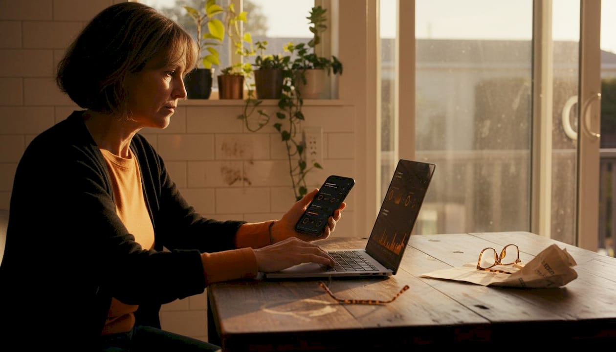 Homeowner checks solar performance on phone and laptop