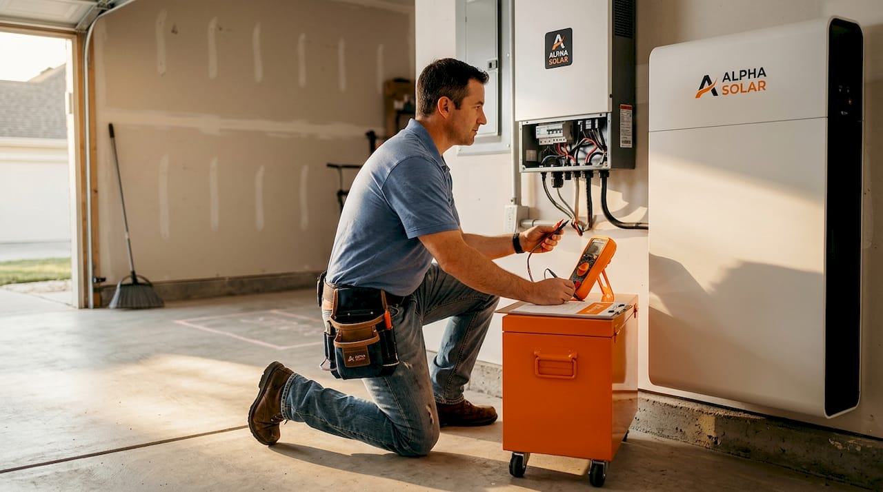 Electrician checks solar battery in Texas garage