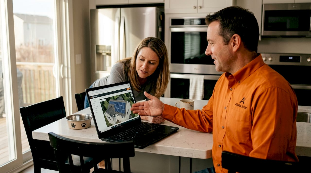 Advisor shows solar panel placement on laptop