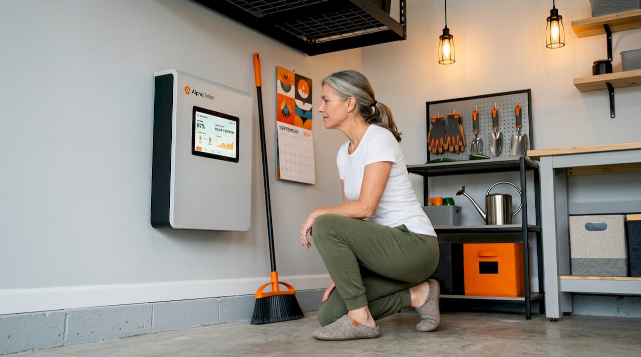 Homeowner checking wall-mounted battery storage unit