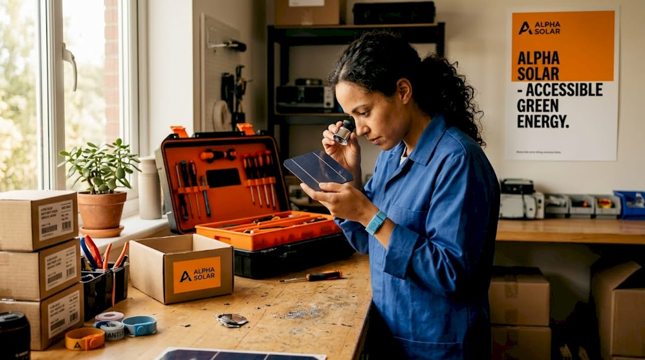 Technician inspecting solar cell at workbench