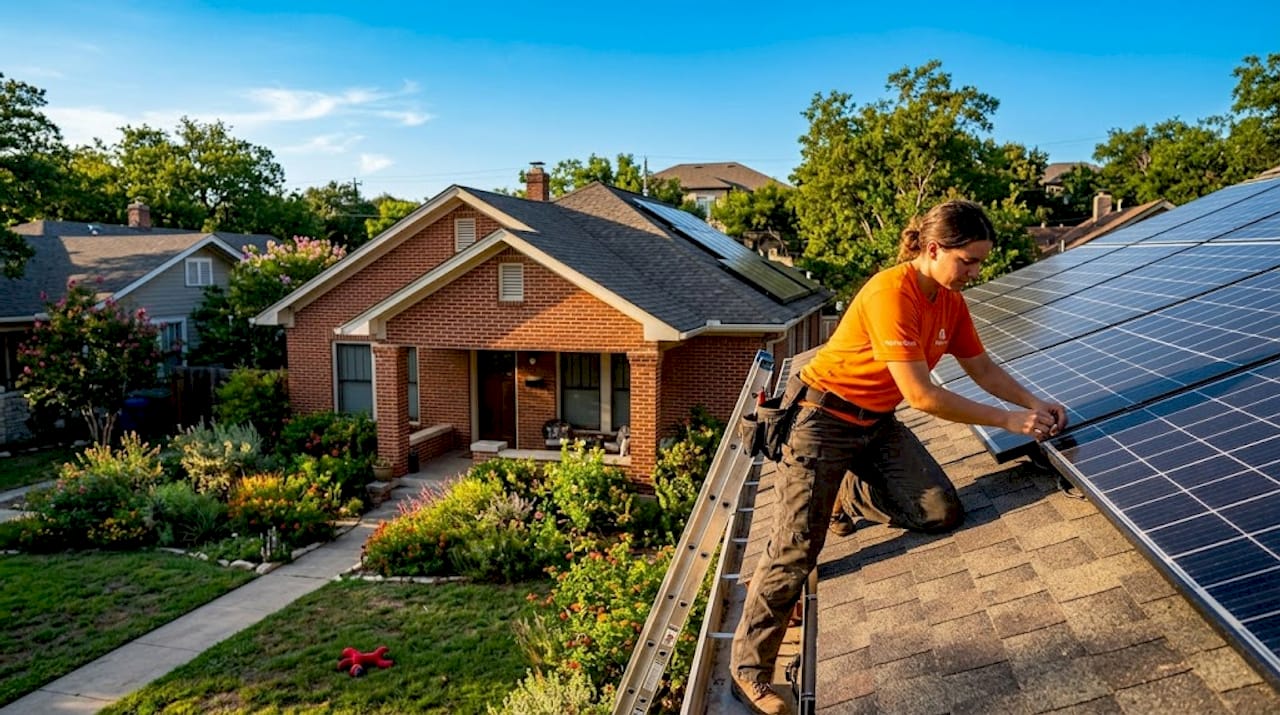 Technician adjusting rooftop solar panels under Texas sun