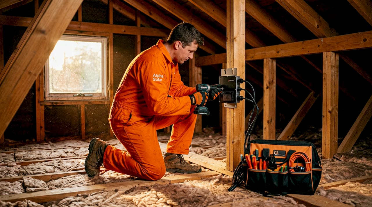 Installer attaching microinverter in attic with tools