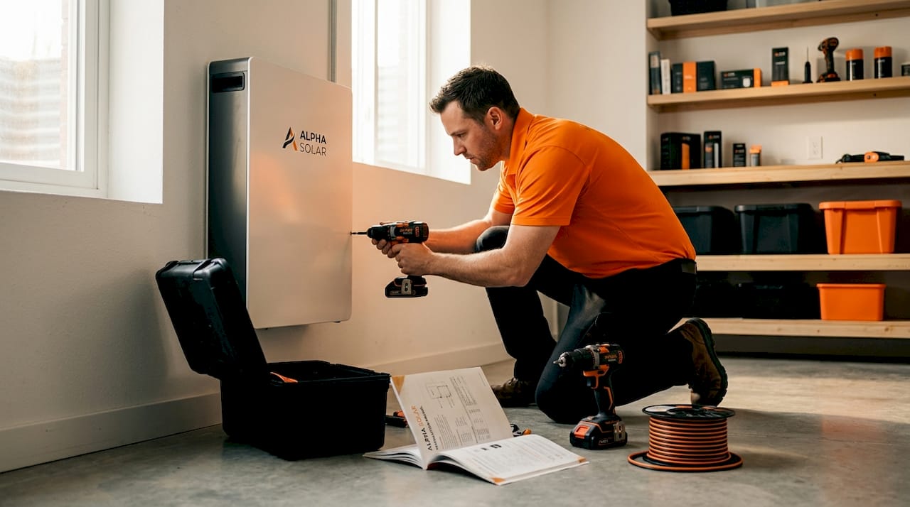 Technician installing home battery in garage
