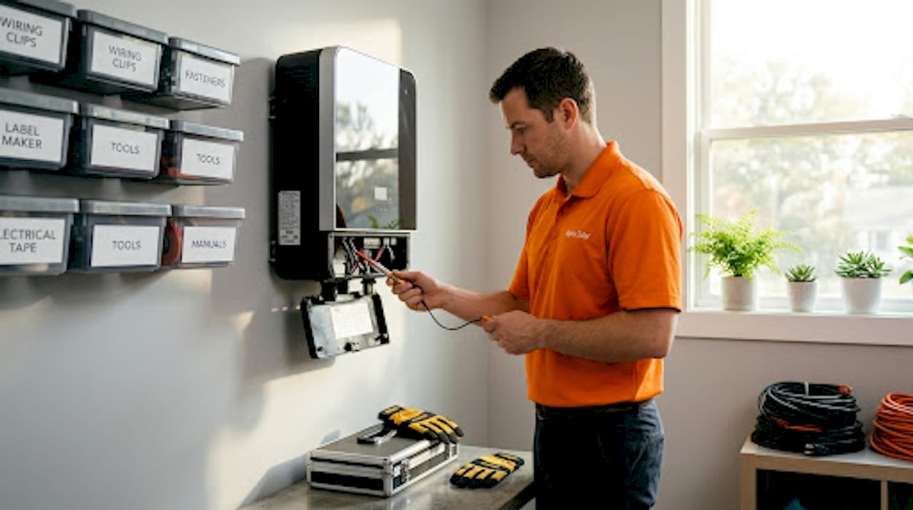 Technician installing new solar inverter in garage
