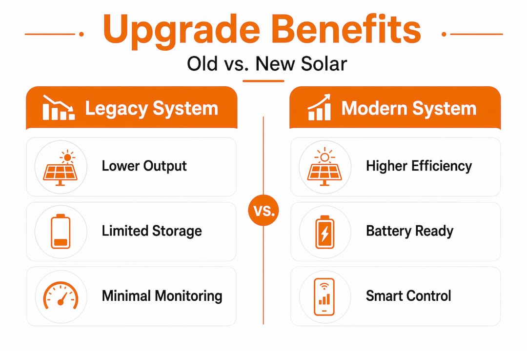 Side-by-side infographic comparing old and modern solar systems
