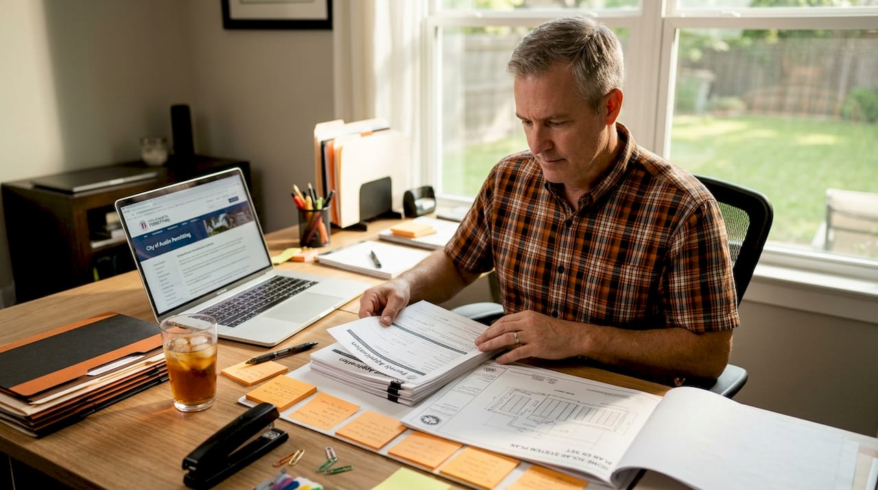 Homeowner organizing solar permit documents at kitchen table