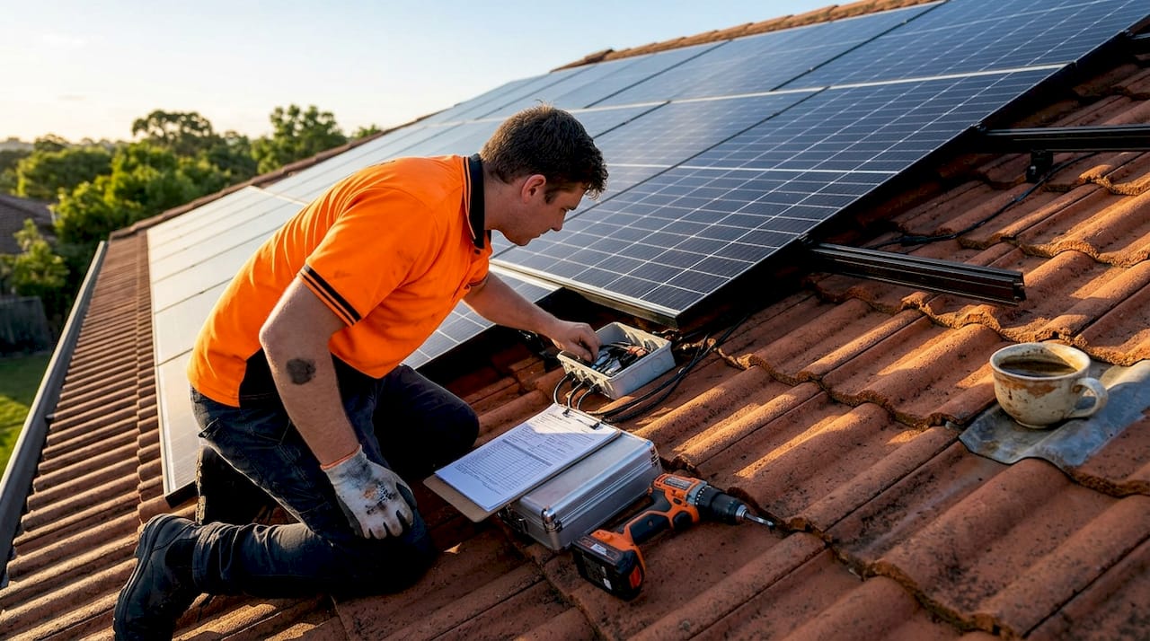 Solar technician inspecting rooftop panel wiring