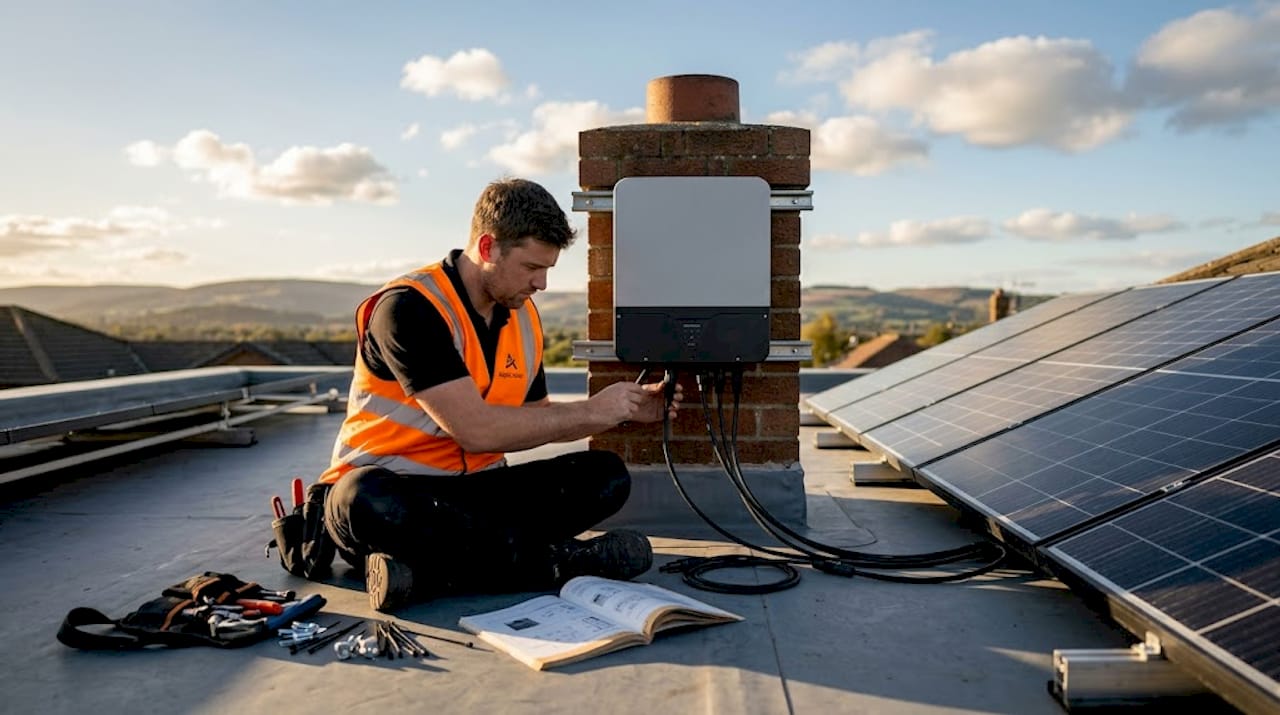 Technician connecting rooftop solar panels to inverter