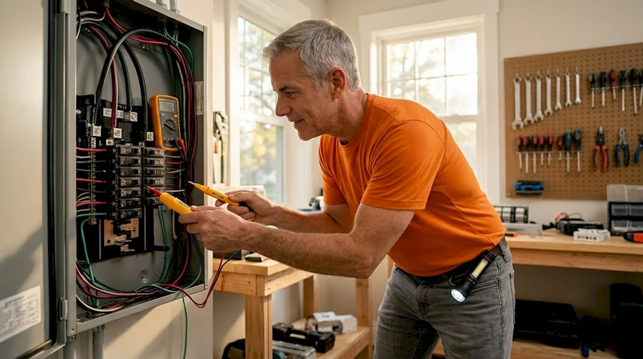 Electrician inspecting home electrical panel