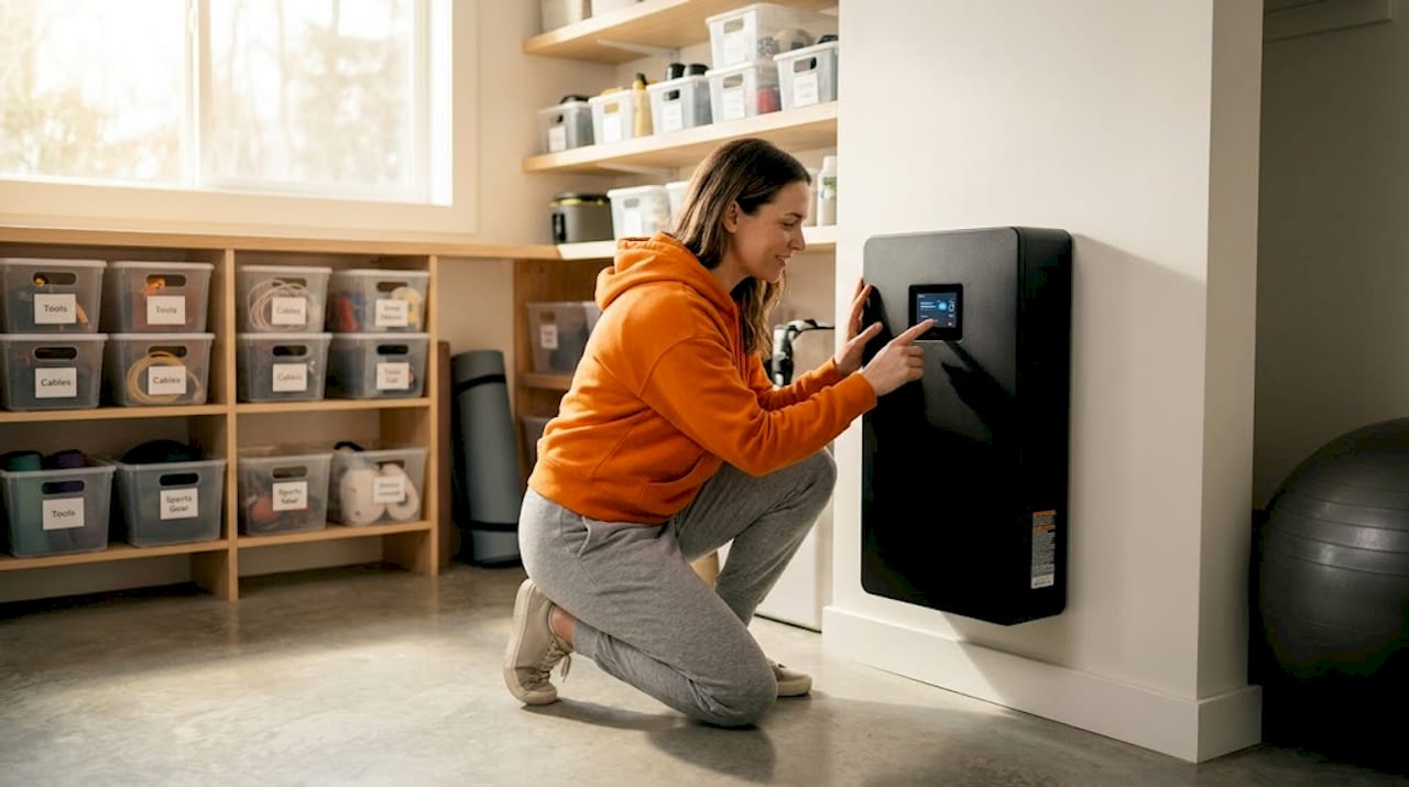 Woman checks battery storage in clean garage