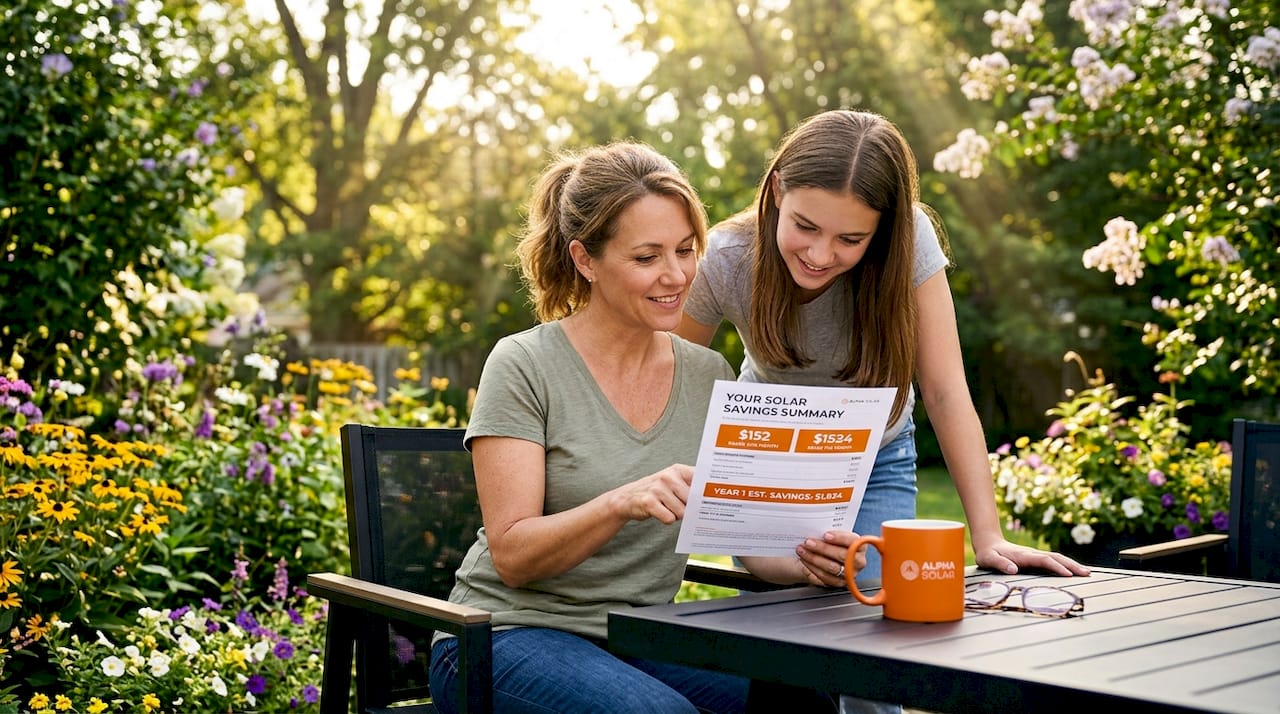 Family reviewing solar energy savings in living room