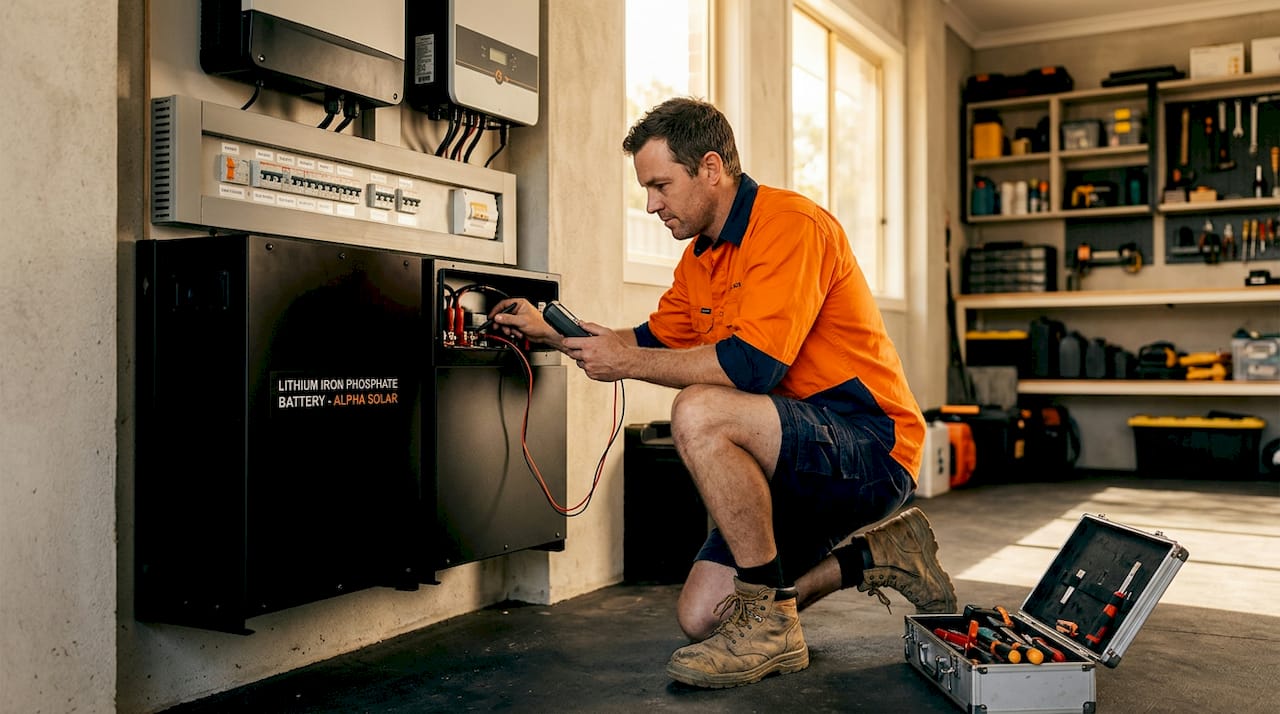 Technician installing solar battery system