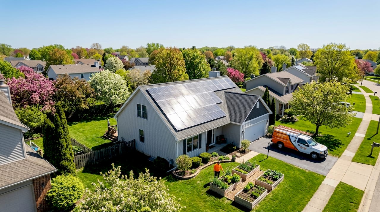 Suburban house roof with solar panel installation