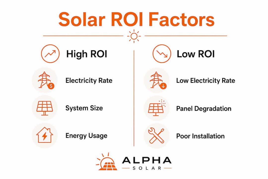 Infographic comparing high and low impact factors on solar ROI