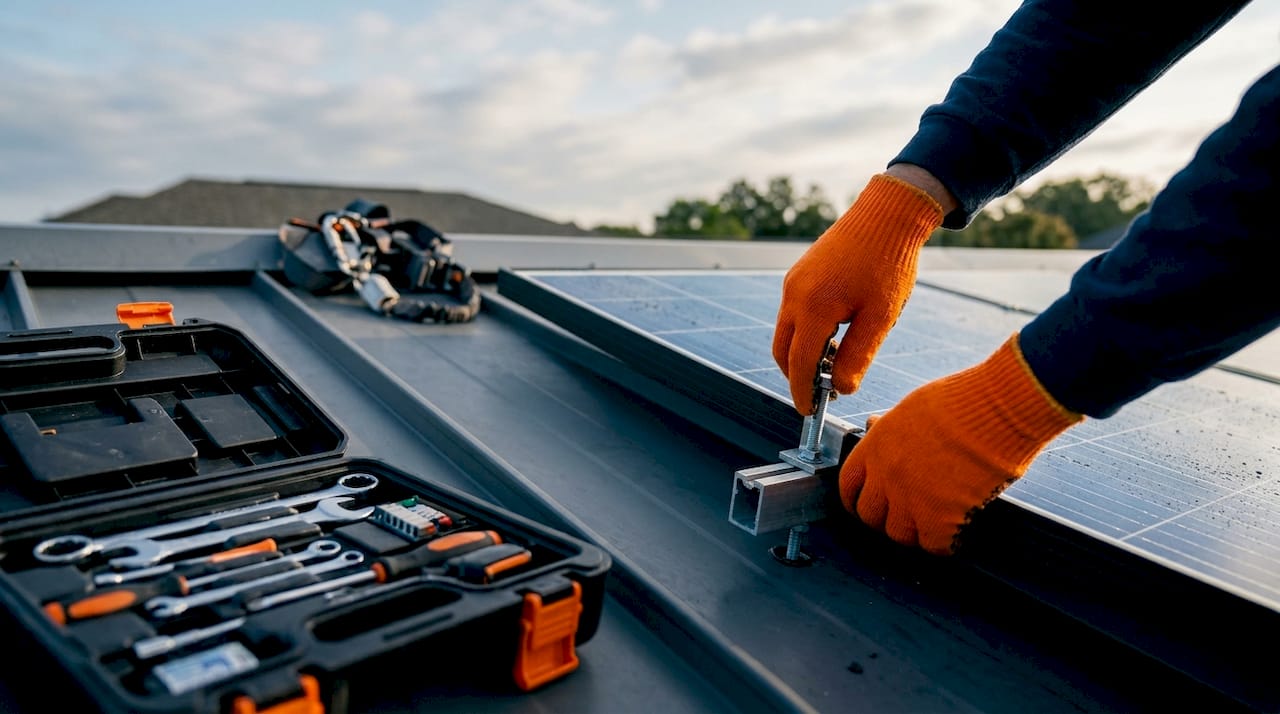 Professional hands reinstalling solar panel