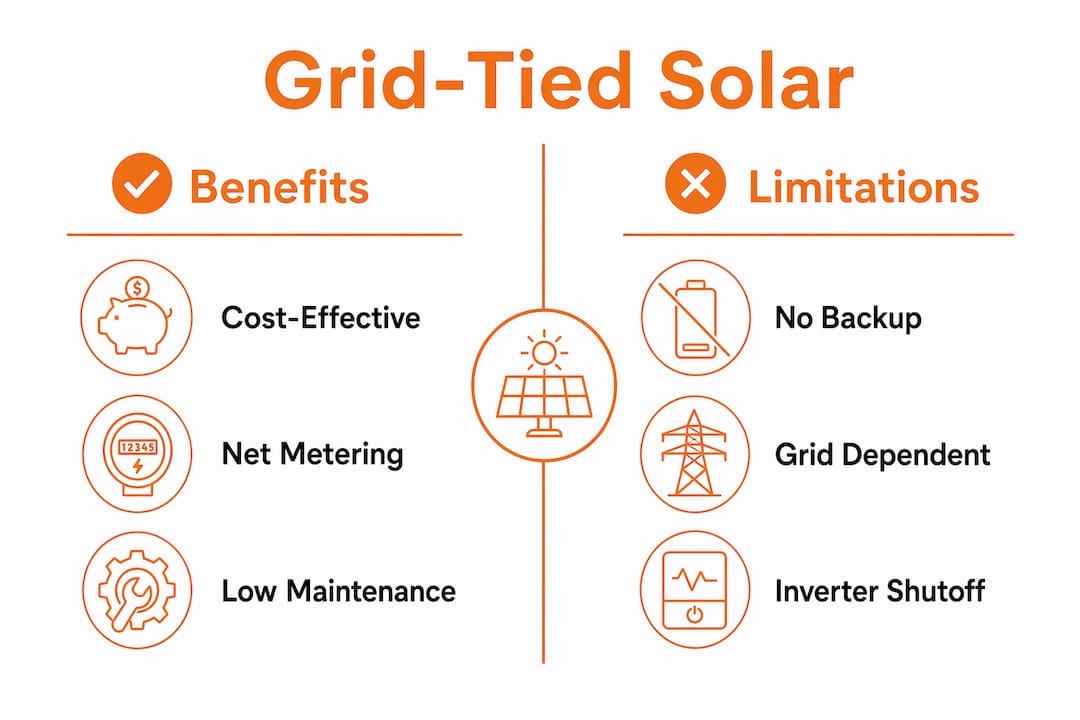Infographic comparing benefits and limitations of grid-tied solar systems