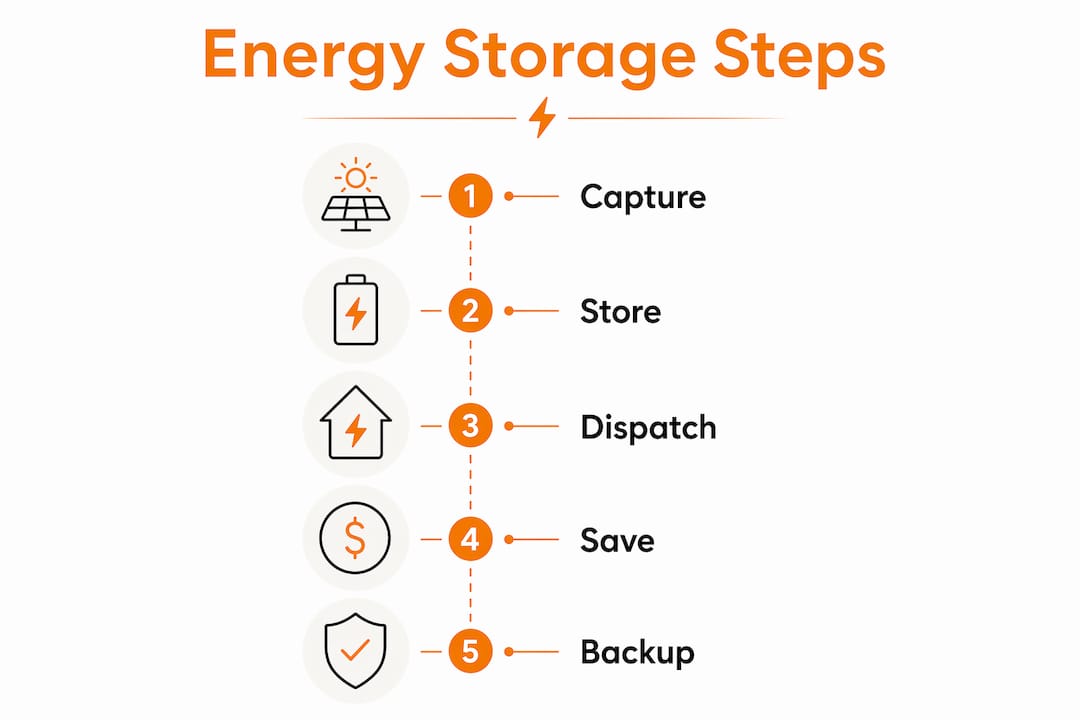 Infographic showing energy storage process steps