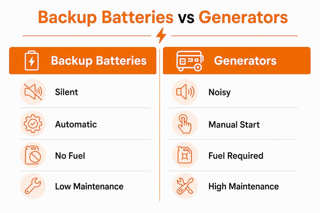 Comparison infographic of backup batteries and generators