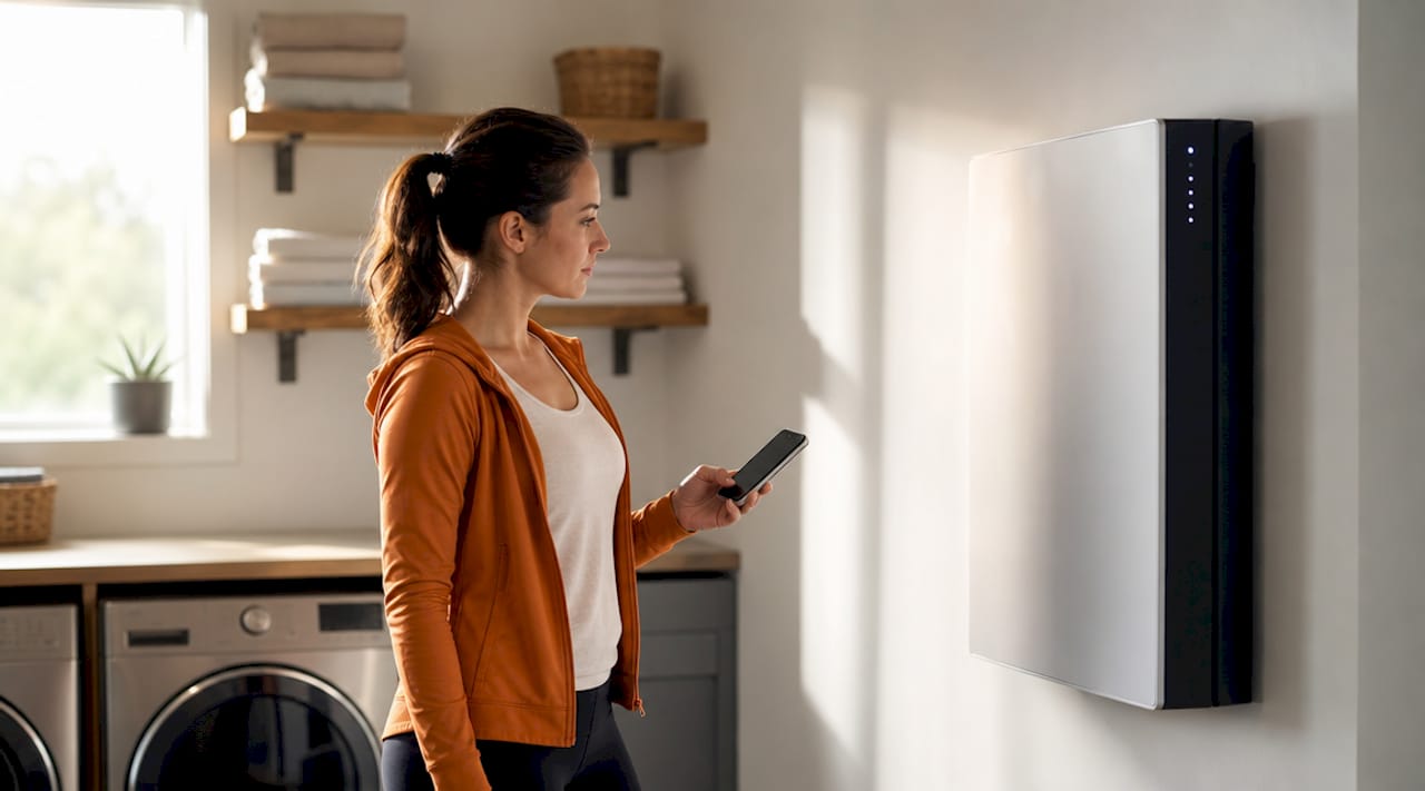 Home battery unit with hands holding smartphone