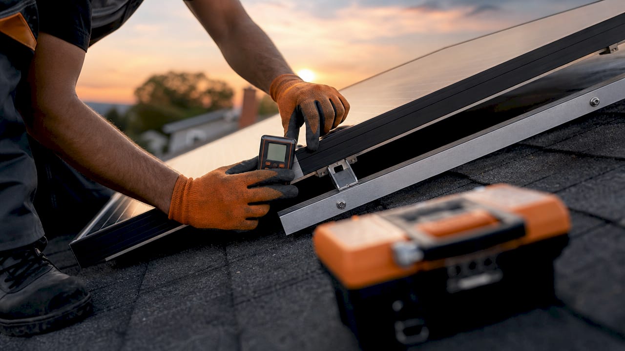 Technician adjusting solar panel tilt angle on roof