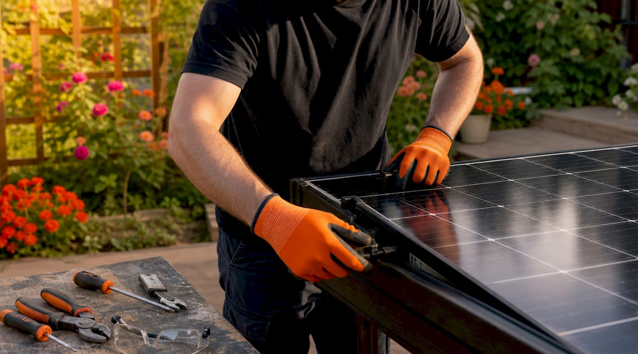 Technician safely handling solar panel on rooftop
