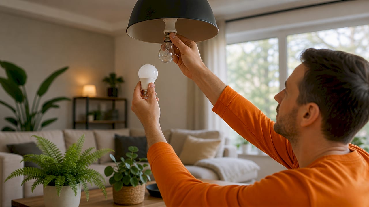Hands replacing old bulb with LED in kitchen
