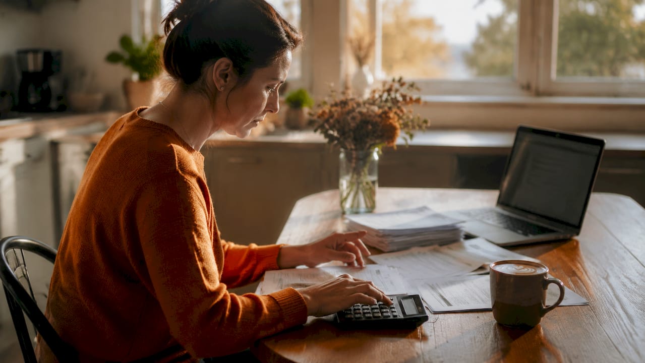 Overhead view of home energy bills and calculator