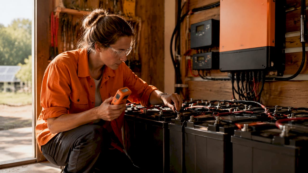 Woman testing off-grid solar battery bank indoors