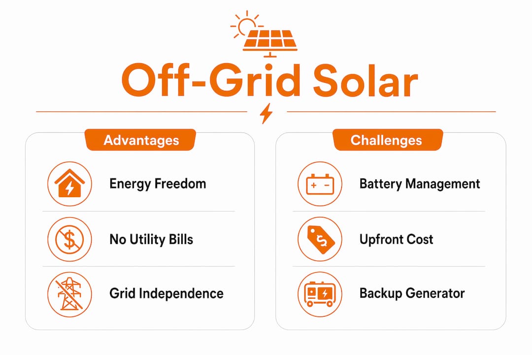 Infographic comparing off-grid solar advantages and challenges