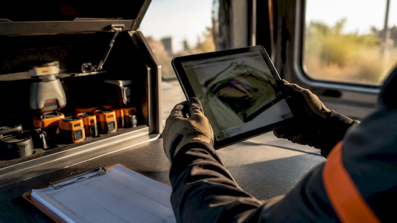 Hands holding tablet showing solar roof model with tools
