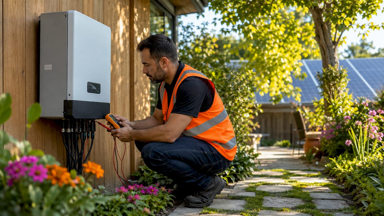 Technician inspecting solar inverter outdoors