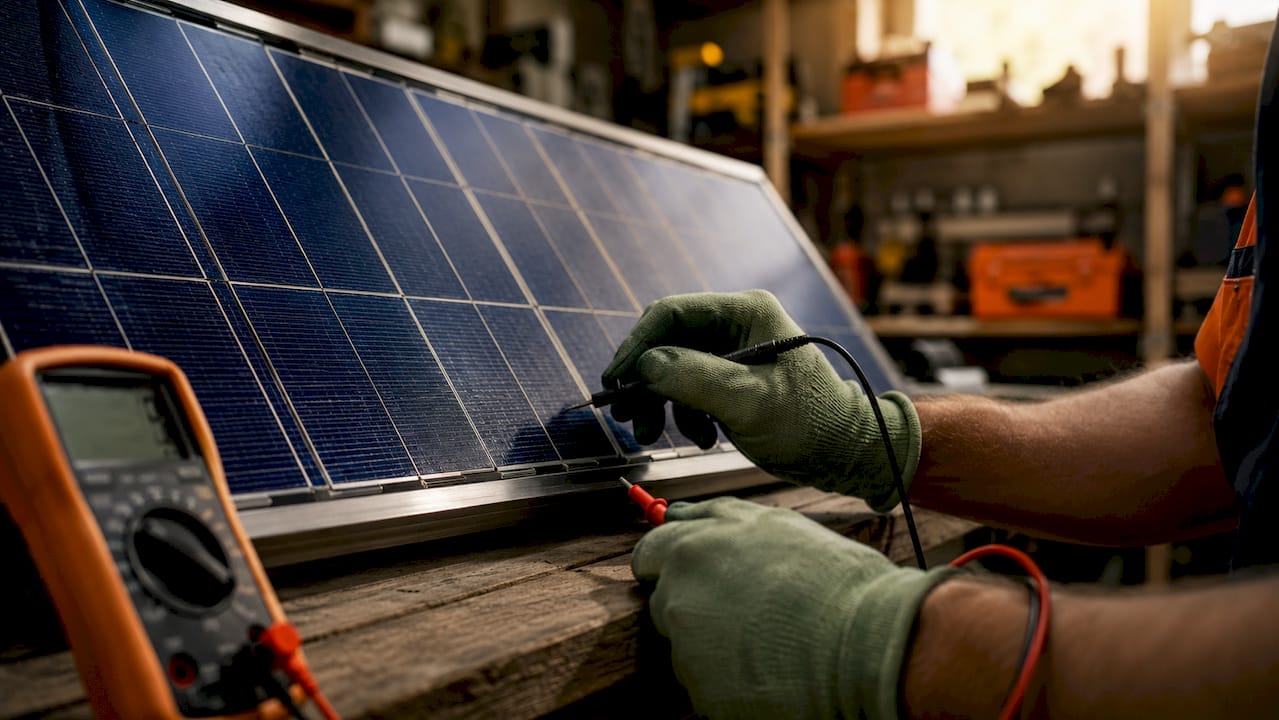 Close-up of solar cells with testing probe