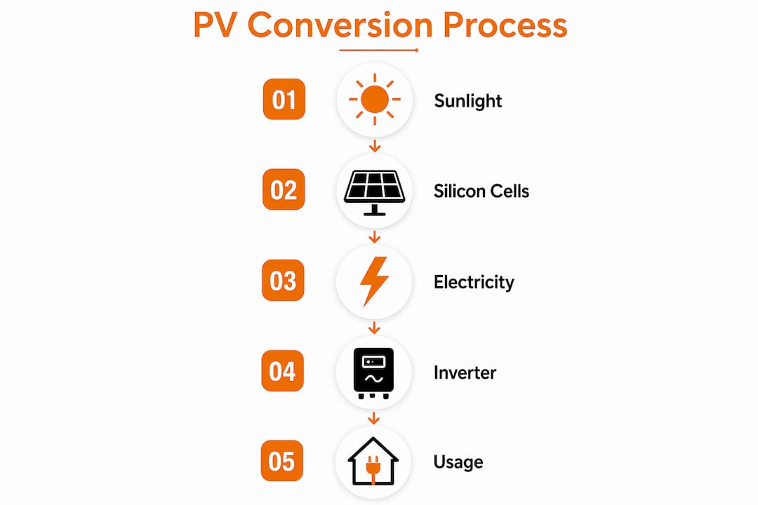 Infographic illustrating photovoltaic energy conversion steps