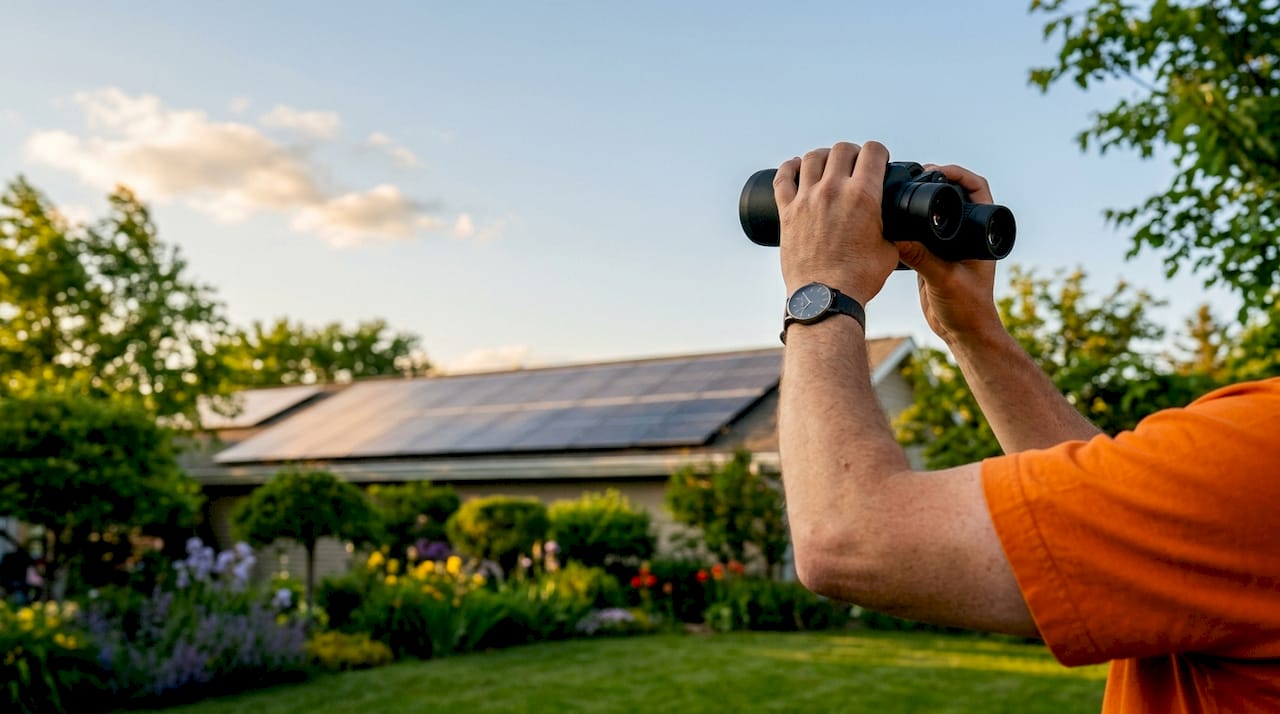 Close-up hands holding binoculars viewing solar panels